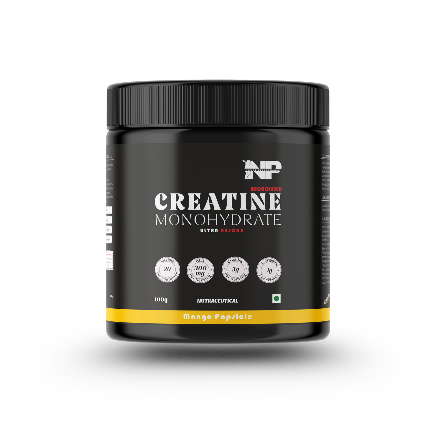 Nomad Performance micronised creatine monohydrate ultra absorb mango popsicle flavoured, 100 gram container on white background.