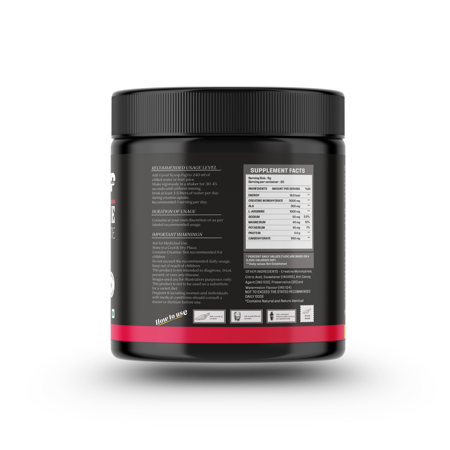 Nomad Performance micronised creatine monohydrate ultra absorb watermelon kooler flavoured, 100 gram container nutrition label.
