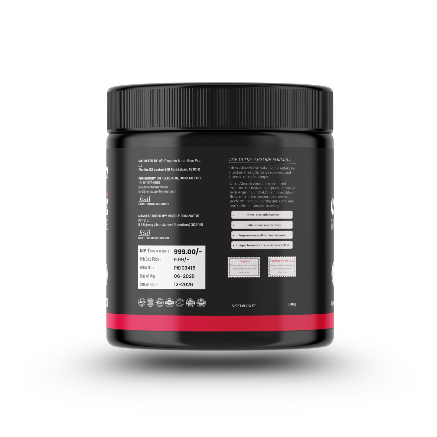 Nomad Performance micronised creatine monohydrate ultra absorb watermelon kooler flavoured, 100 gram container back side