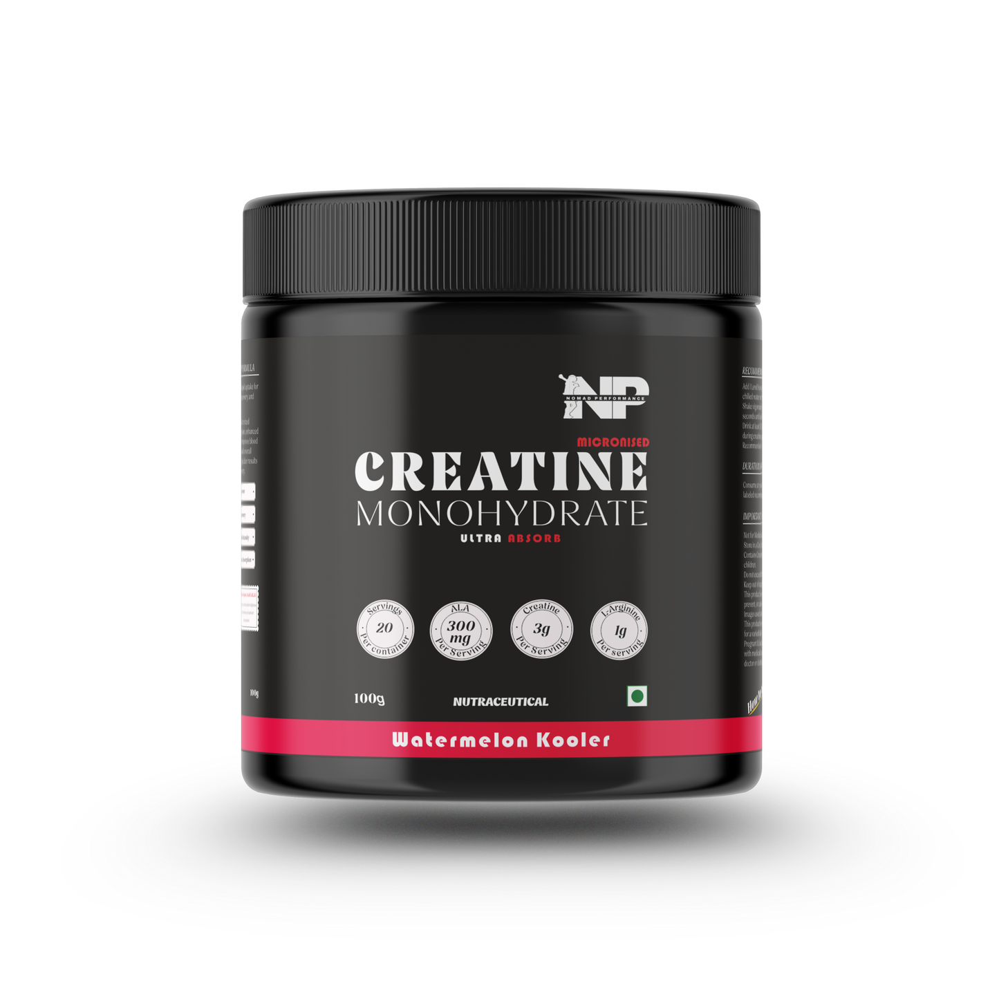 Nomad Performance micronised creatine monohydrate ultra absorb watermelon kooler flavoured, 100 gram container on white background.