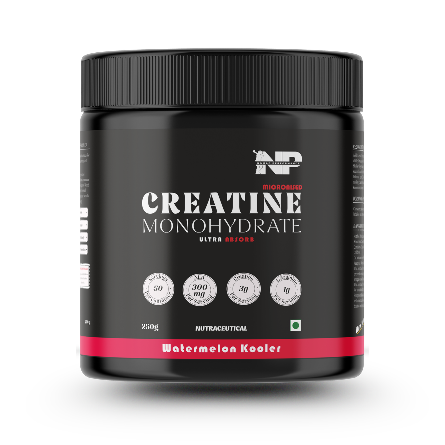 Container of NP micronized Creatine Monohydrate watermelon kooler flavour 250 gram variant on a white background