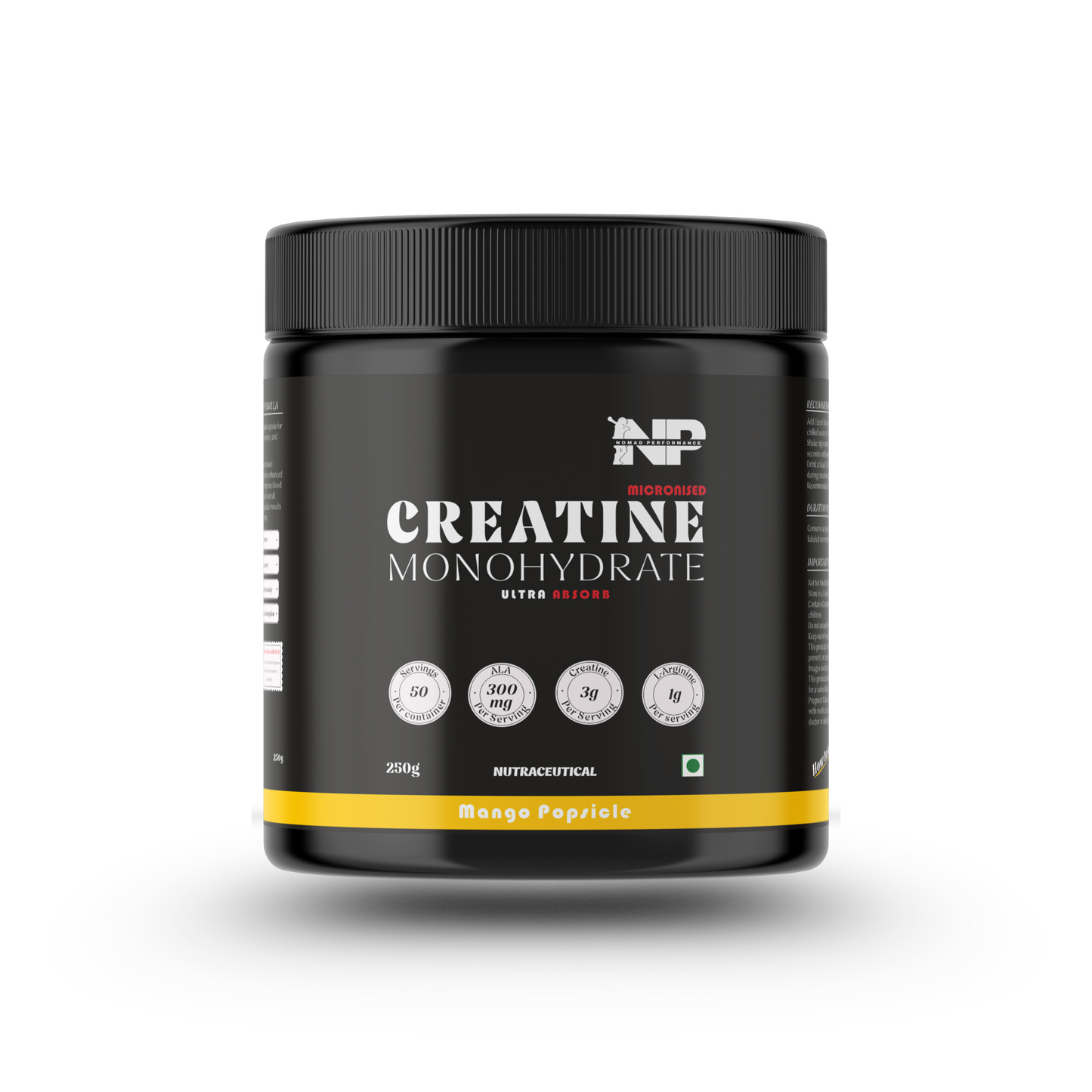 Container of nomad performance micronised creatine monohydrate, 250 gram mango popsicle flavour supplement on a white background