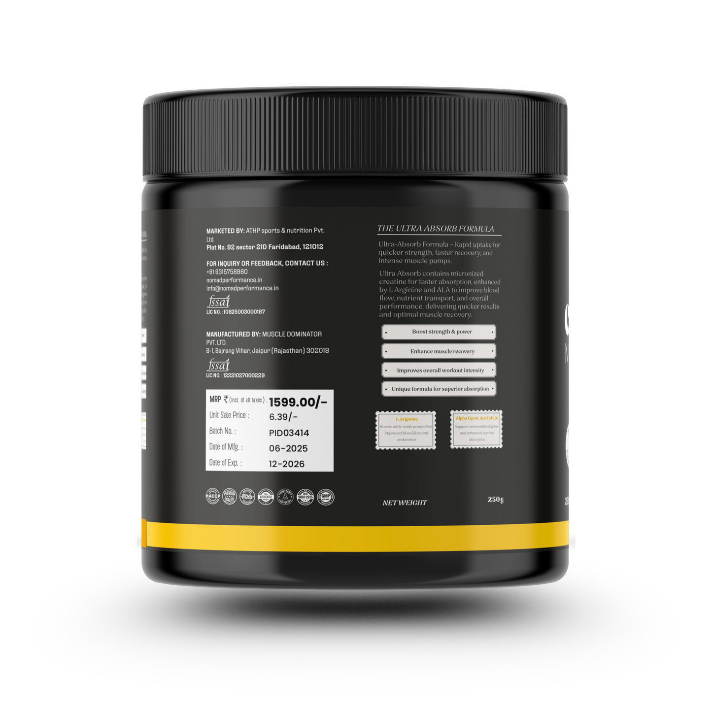 Nomad performance micronised creatine monohydrate ultra absorb container's backside.