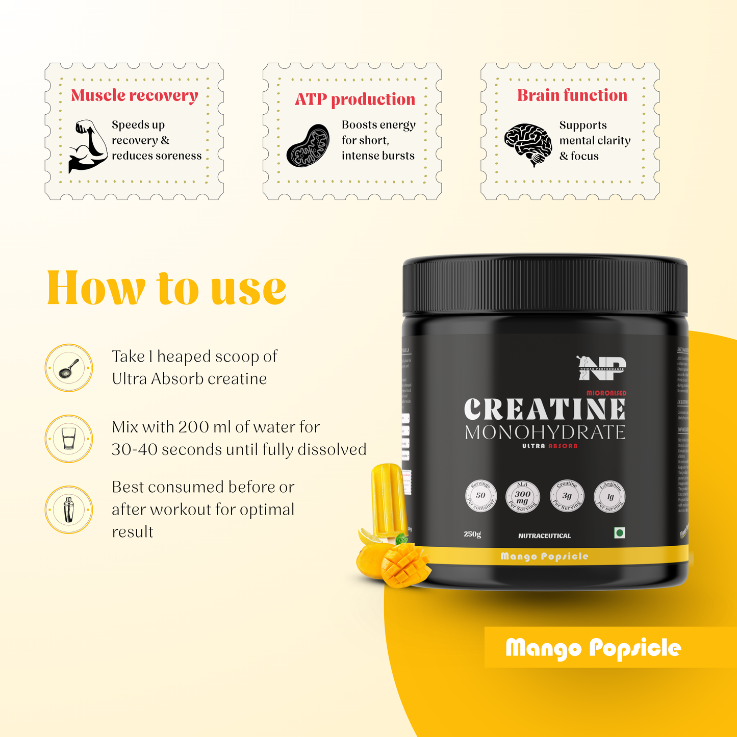 Creatine monohydrate supplement container with usage instructions on a yellow and beige background