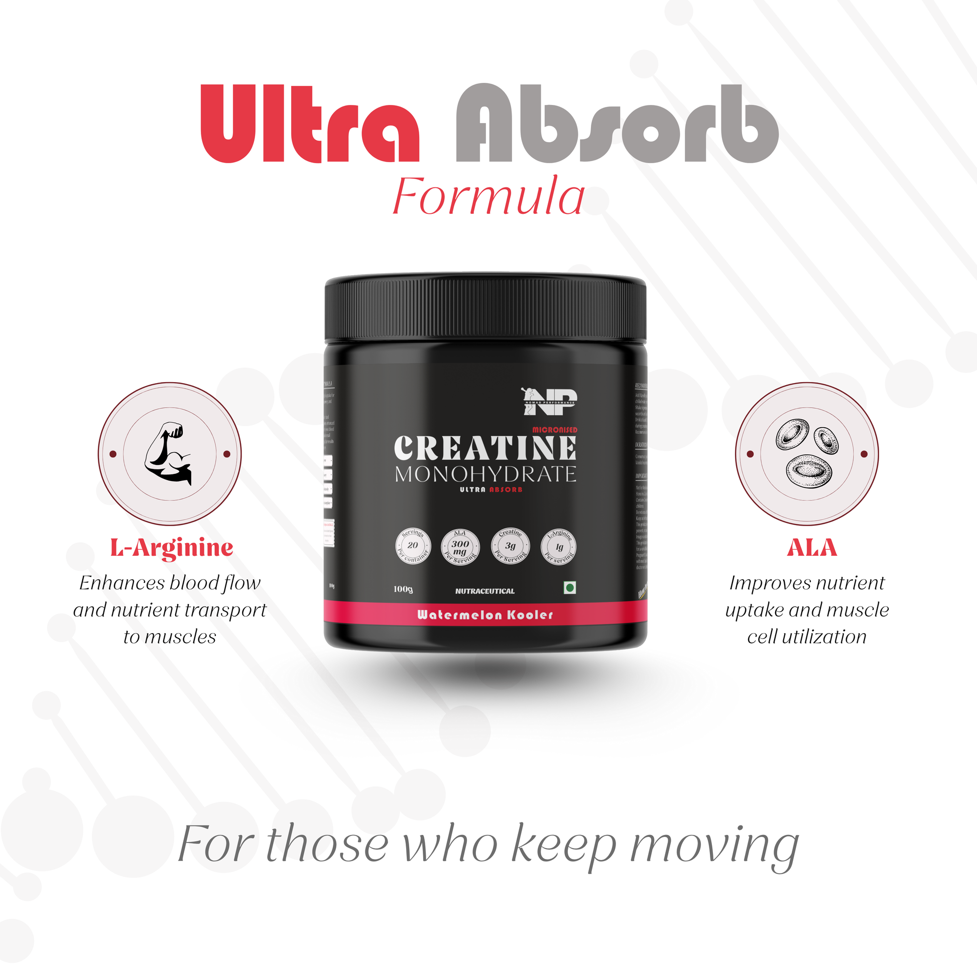 Creatine monohydrate supplement container with Ultra Absorb branding on a white background