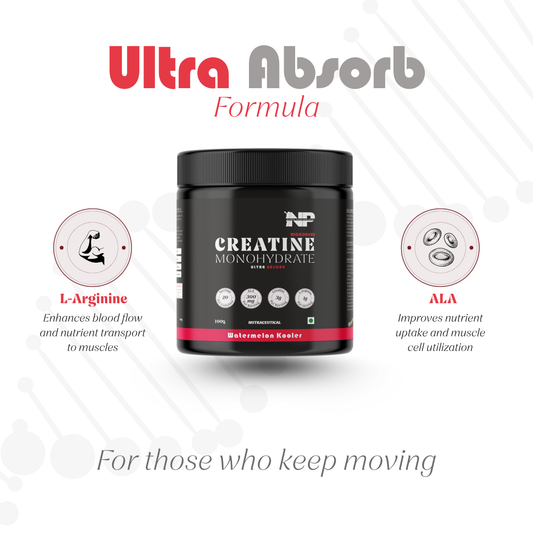 Creatine monohydrate supplement container with Ultra Absorb
