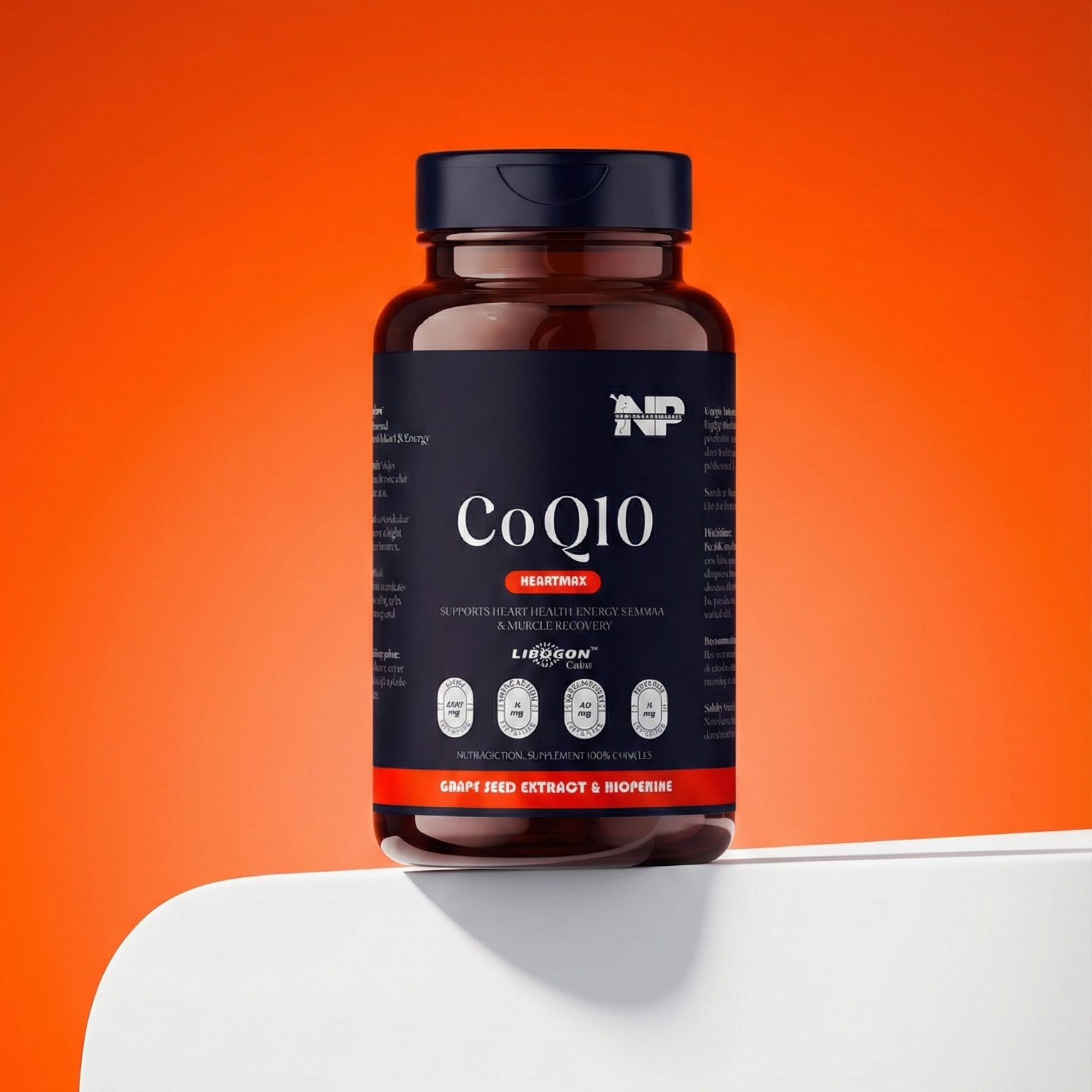 Nomad performance's  'CoQ10' on a white surface with an orange background