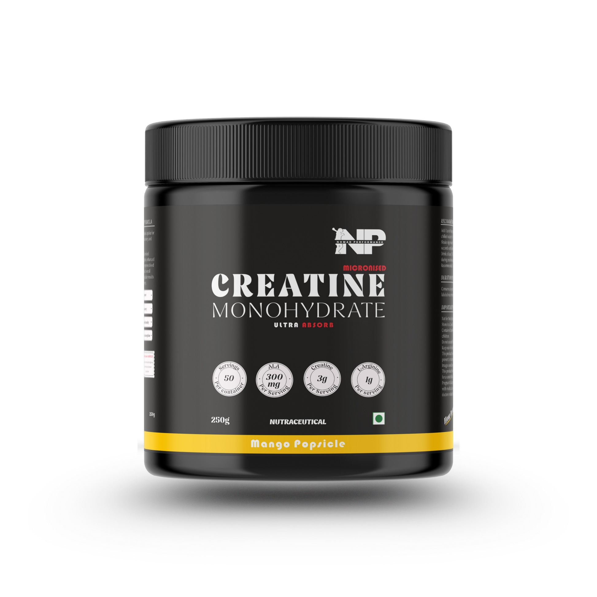 Container of nomad performance micronised creatine monohydrate, 250 gram mango popsicle flavour supplement  on a white background