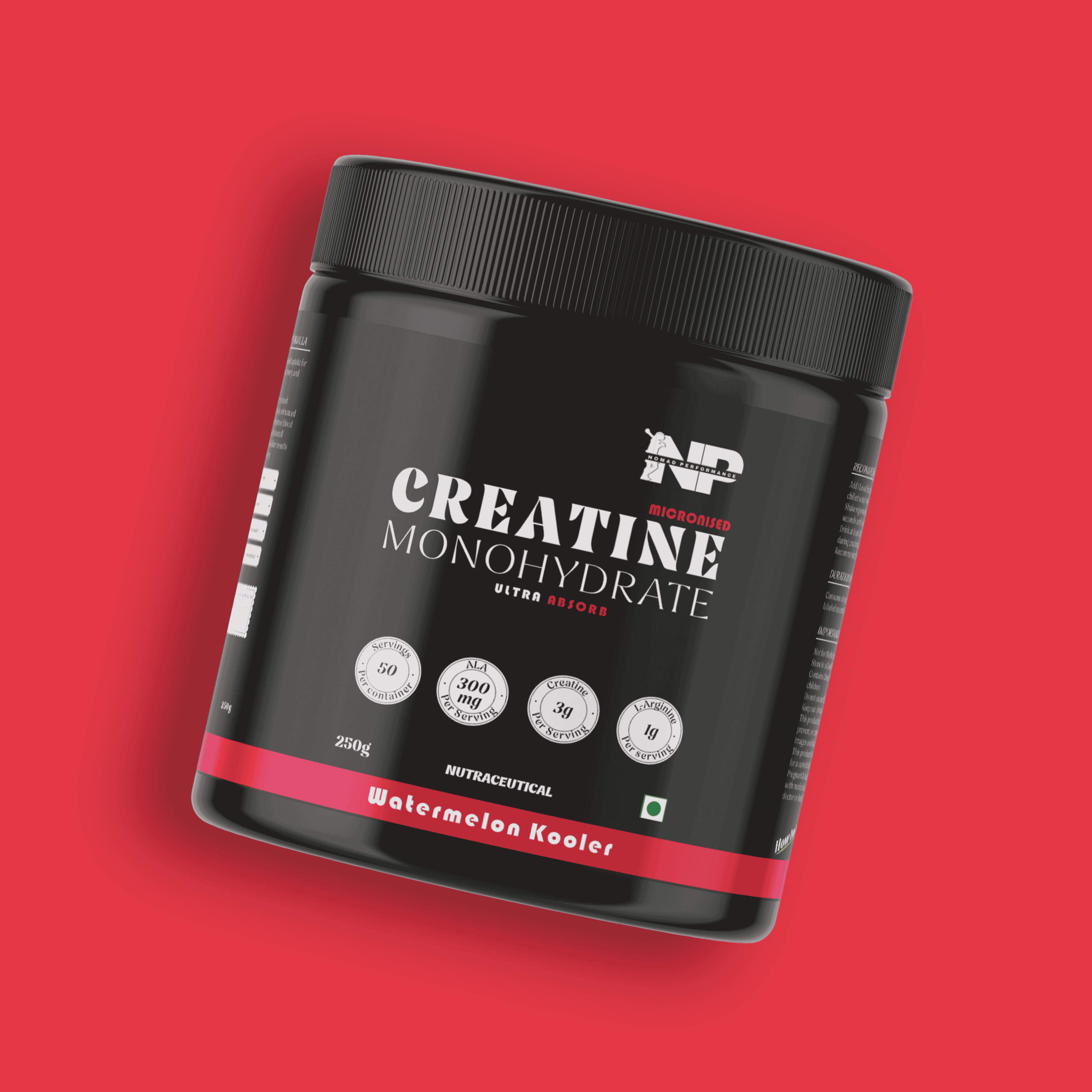 container of Performance Creatine Monohydrate on a red background