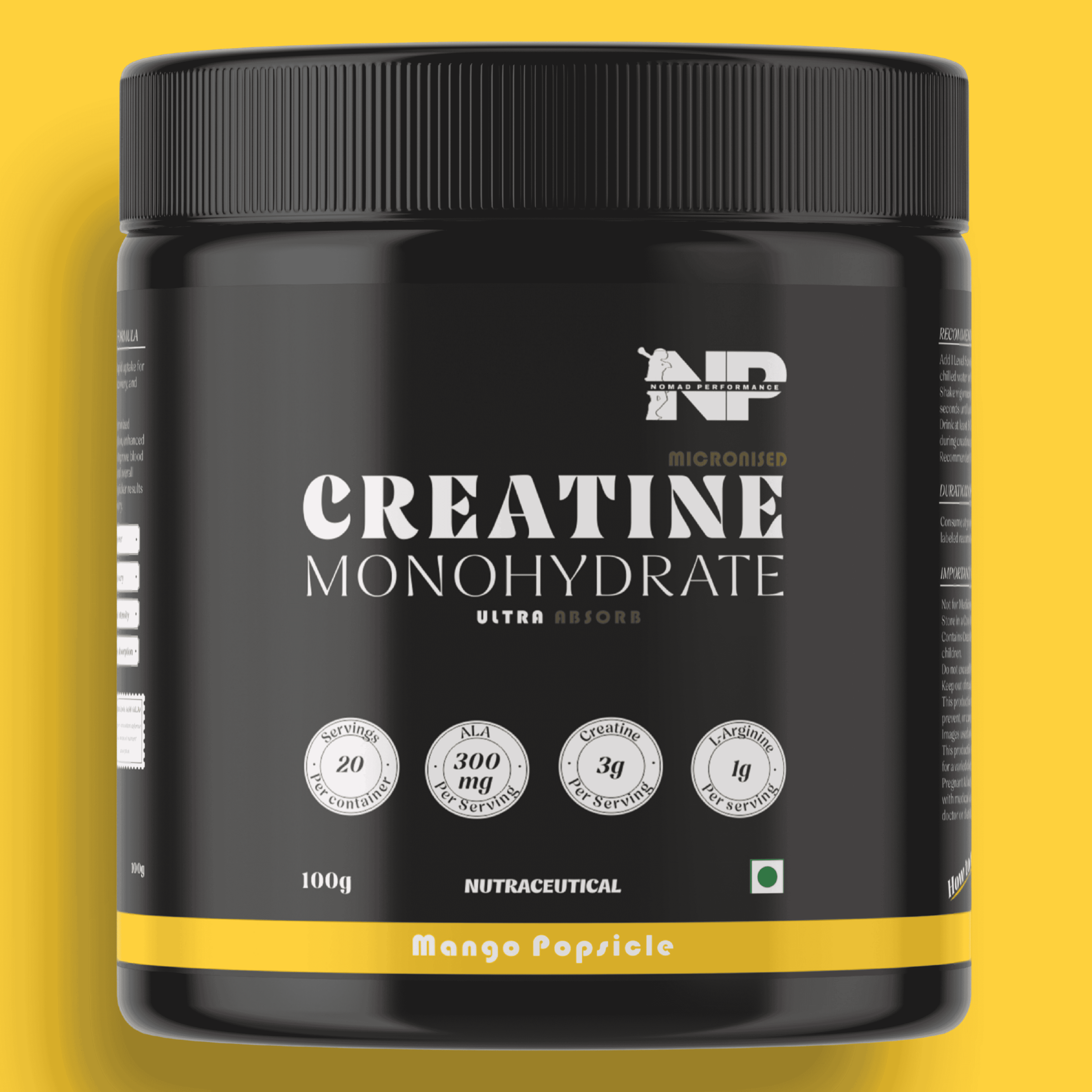 Container of nomad performnace creatine monohydrate ultra absorb mango flavour 